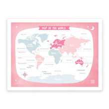 World Map Kids art print poster Printspace Mara Girling wall art Melbourne Australia illustration graphic colour modern kids room decor world adventure travel explore pastel countries pink grey